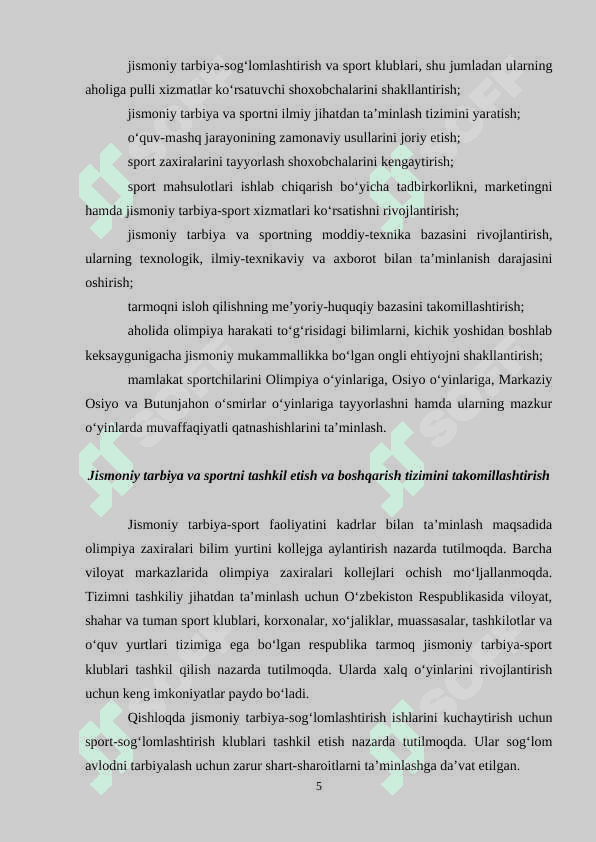 O’zbekiston respublikasining jismoniy tarbiya va sportni rivojlantirish davlat dasturlarining mazmun-mohiyati 5