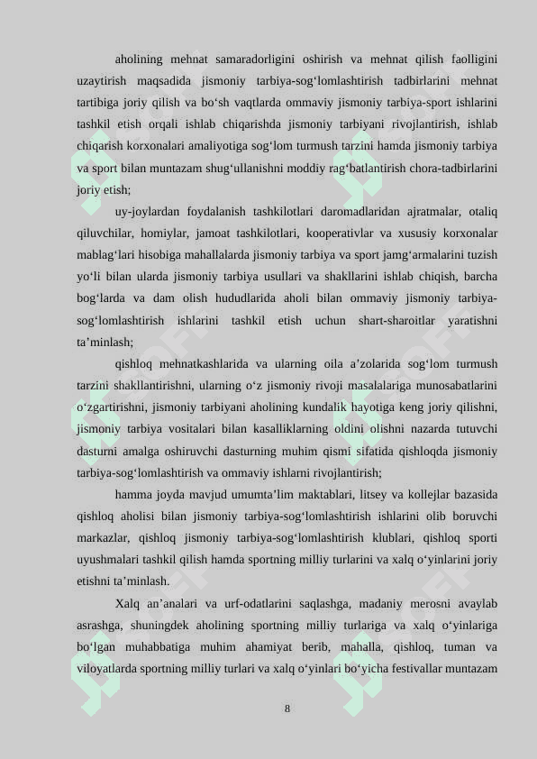 O’zbekiston respublikasining jismoniy tarbiya va sportni rivojlantirish davlat dasturlarining mazmun-mohiyati 8