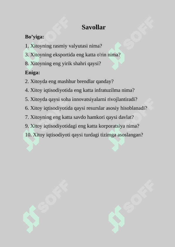 Xitoy iqtisodiyotiga oid krossvord 2