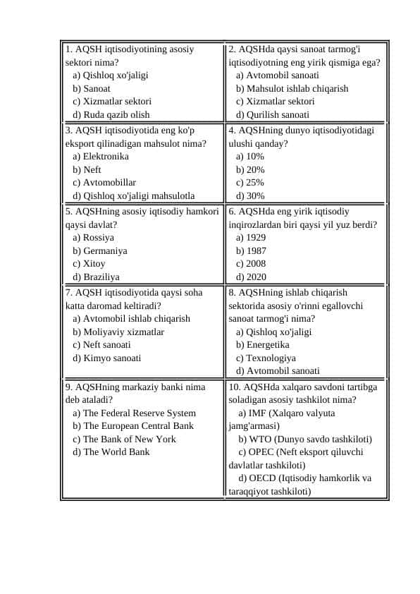 AQSH iqtisodiyotiga oid 10 ta test