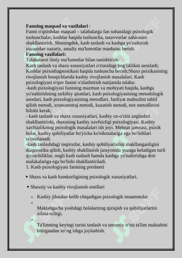 Kasb psixologiyasining predmeti, vazifalari va  amaliy sohalari. 2
