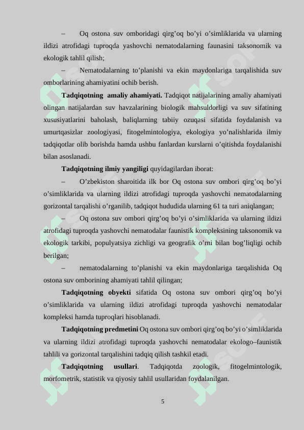 OQ OSTONA SUV OMBORI  FITOPARAZIT  NEMATODALARNING O‘RGANILGANLIK HOLATI 5