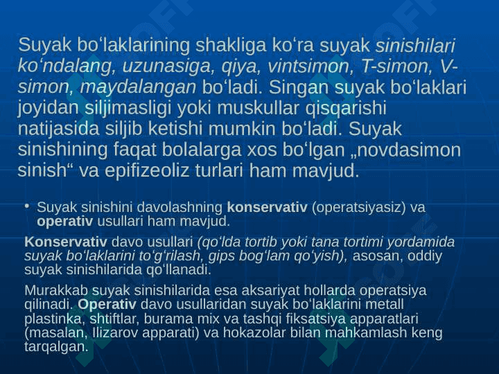 Tayanch harakat apparati sinishlari va chiqishlarini tashxislash. Birinchi tibbiy yordam. Transportli immobilizatsiya. Gips texnikasi. Skelet va leykoplastirli tana tortmasi 5