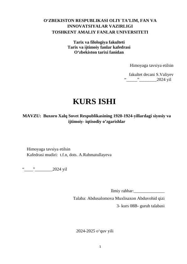 Buxoro Sovet Respublikasining 1920-1925 yillardagi siyosati 1