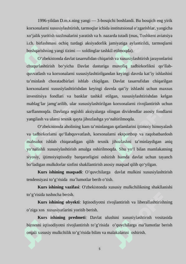 DAVLAT MULKINI XUSUSIYLASHTIRISH VA XUSUSIY MULKCHILIKNING SHAKLLANISHI 5