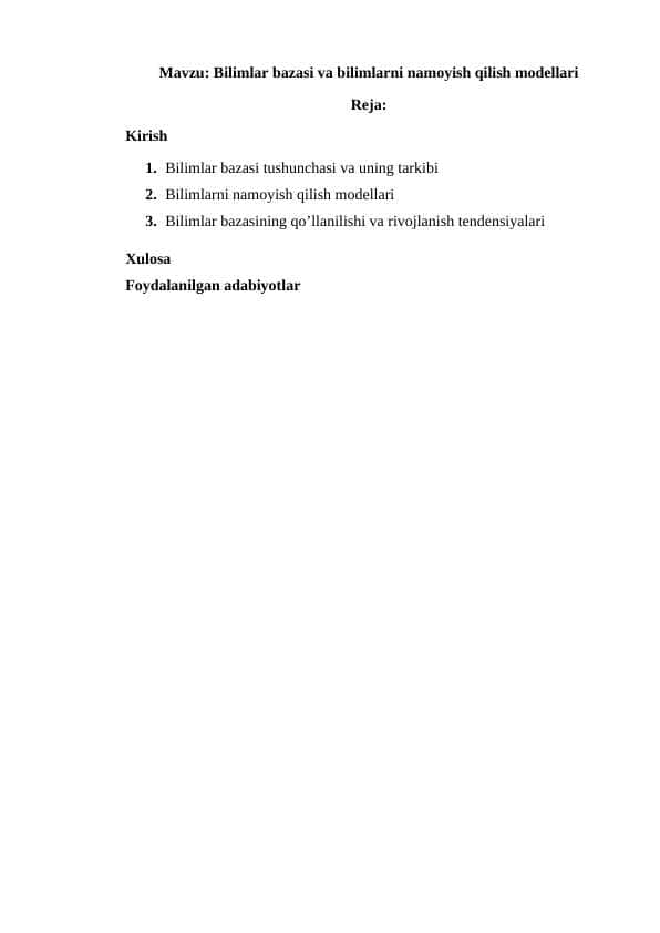 Bilimlar bazasi va bilimlarni namoyish qilish modellari 1