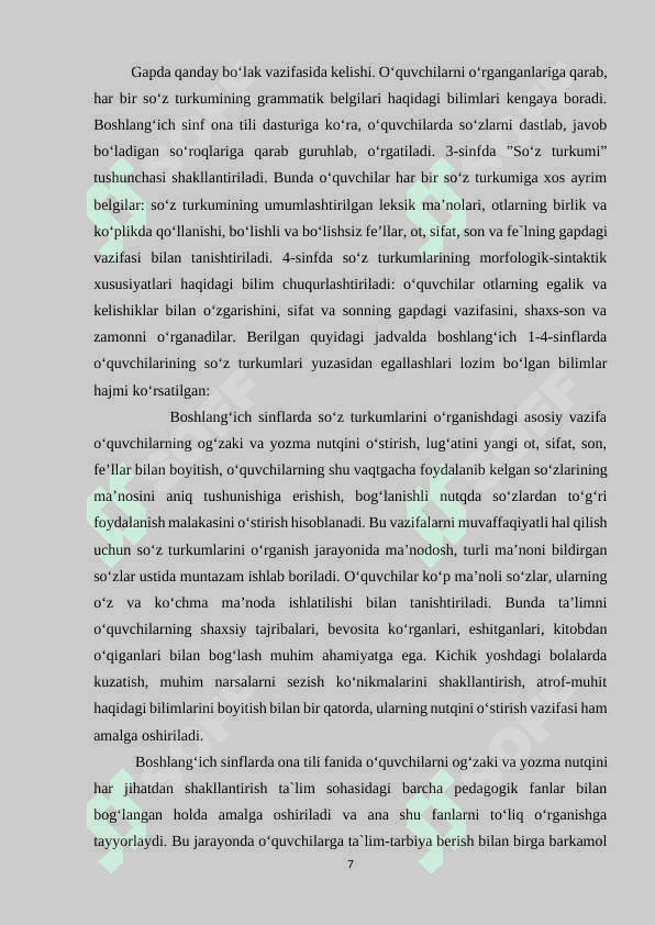 BOSHLANG`ICH SINFDA ONA TILI DARSLARIDA SO`Z TURKUMLARINI O`RGATISH 7