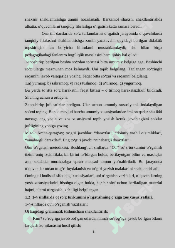 BOSHLANG`ICH SINFDA ONA TILI DARSLARIDA SO`Z TURKUMLARINI O`RGATISH 8