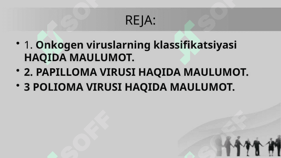 Onkogen viruslarning klassifikatsiyasi.DNK SAQLOVCHI ONKOGEN VIRUSLAR. PAPILLOMA VIRUSI ,POLIOMA VIRUSI.PATOGENEZI,KLINIK KECHISHI,LABOROTORIYA TASHXISI 2