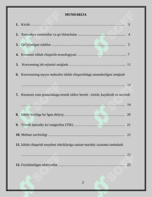DONADOR KERAMZIT XOM ASHYOSIDAN YILLIK UNUMDORLIGI 200 MING M3 BO`LGAN KERAMZIT QUMI ISHLAB CHIQARUSH SEXINING TEXNOLOGIK TIZIMLARINI LOYIHALASH” 2