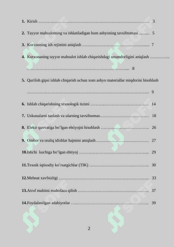 Yillik unumdorligi 70000 tonna bo’lgan Aylanma xumdonda gips ishlab chiqarish” 2