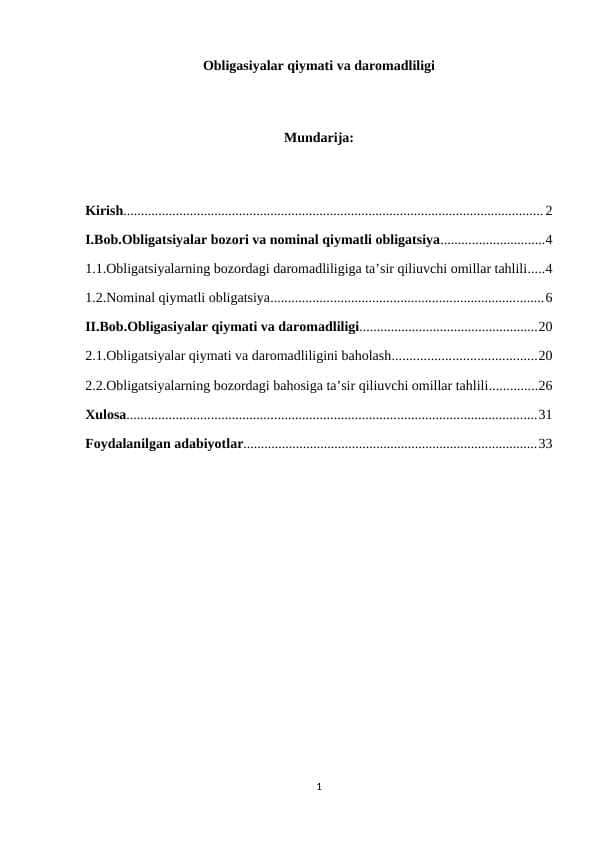 Obligasiyalar qiymati va daromadliligi 1