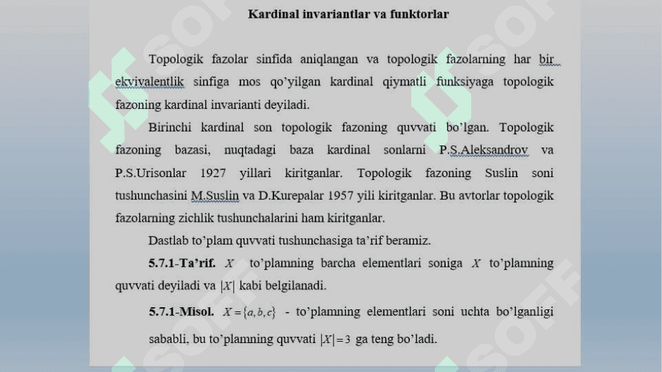 Topologik fazolarning kardinal invariantlari 2