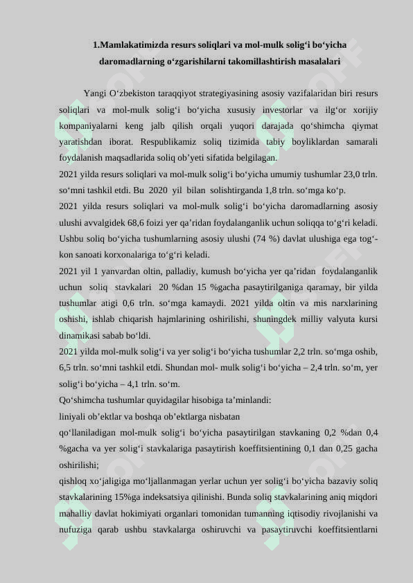 Yuridik shaxslardan olinadigan resurs soliqlari va ularning korxonalar moliya-xo‘jalik faoliyatiga ta’siri. 2