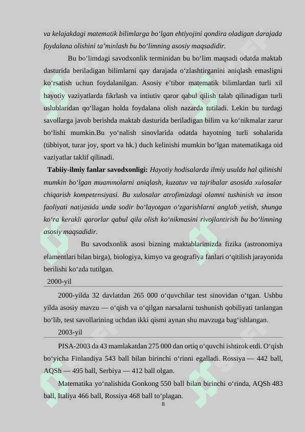 PISA tadqiqotlari haqida umumiy ma’lumotlar 8