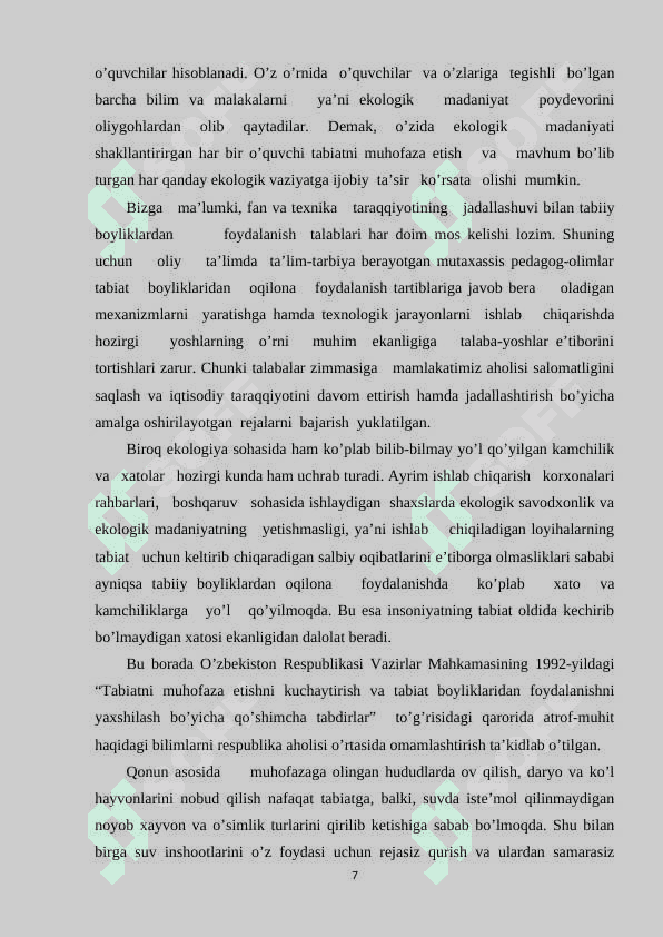 BOSHLANG’ICH  TA’LIMDA   EKOLOGIK  TARBIYA 7