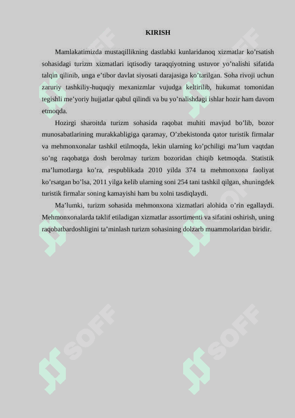 Меhmonxonalarning turizm sohasidagi o’rni va Mehmonxona xizmatlari raqobatbardoshligi 2