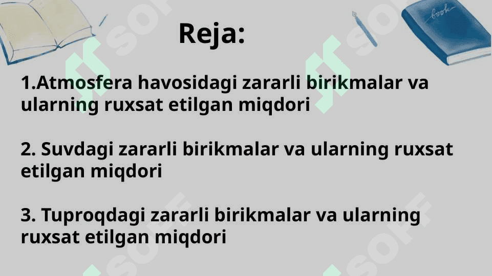 Atmosfera havosi, suv va tuproqda mavjud bolishi mumkin bolgan zararli birikmalar va ularni ruxsat etilgan miqdori 2