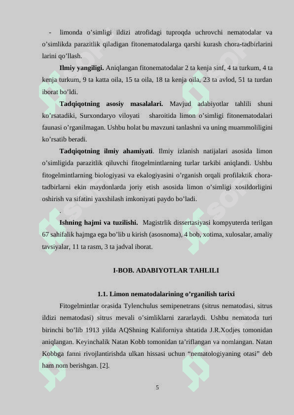 SITRUS O’SIMLIKLARI NEMATODALARINING FAUNASI 5