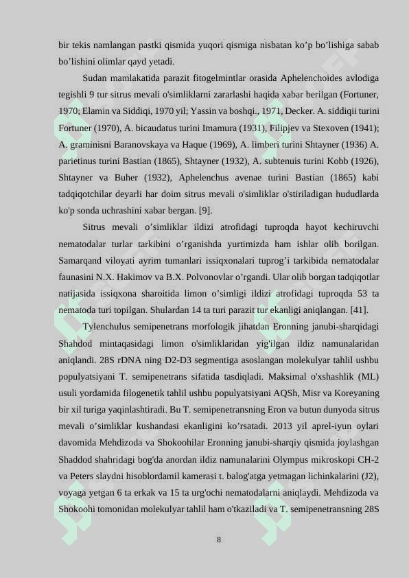 SITRUS O’SIMLIKLARI NEMATODALARINING FAUNASI 8
