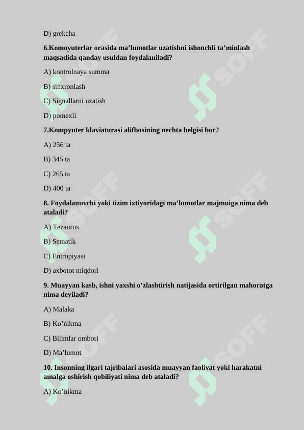 6-7-sinf informatika uchun testlar javoblaribilan 2