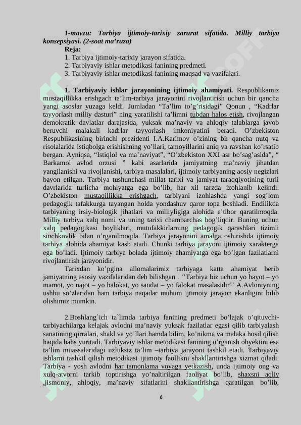 BOSHLANG’ICH TA’LIMDA TARBIYA FANI  O'QUV MAJMUA MARUZALAR 6