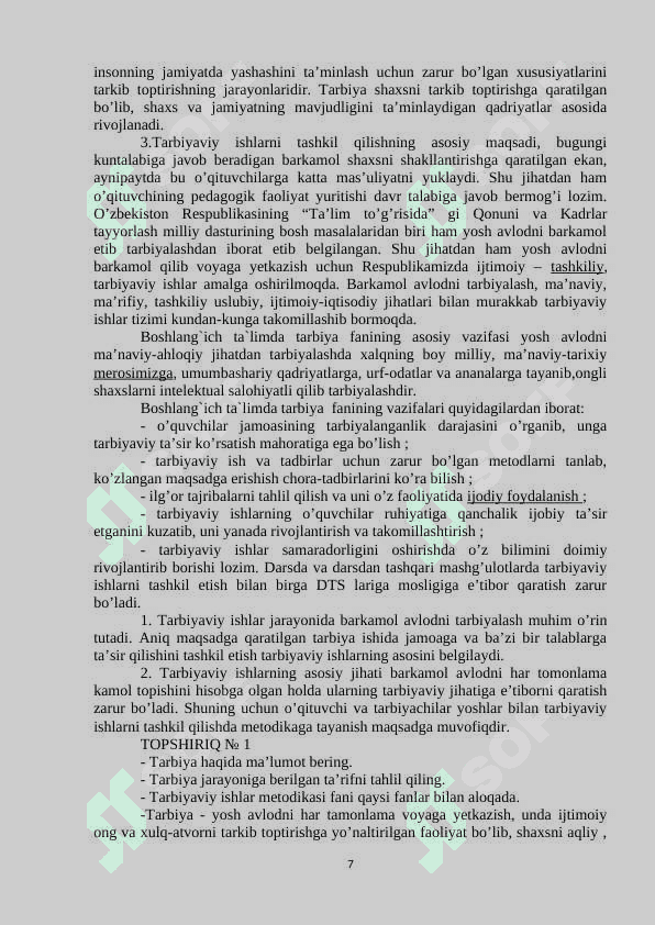 BOSHLANG’ICH TA’LIMDA TARBIYA FANI  O'QUV MAJMUA MARUZALAR 7