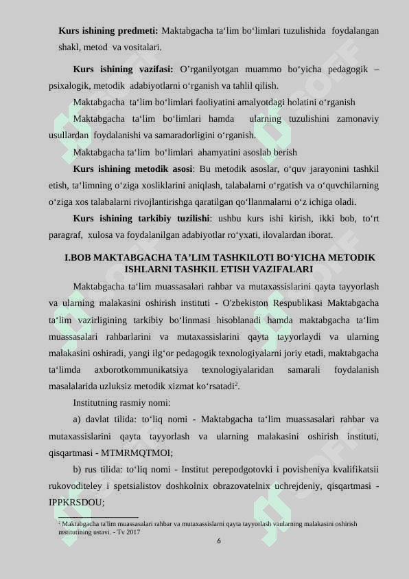 Respublika maktabgacha ta‘lim metodikasi kabineti ish mazmuni 6