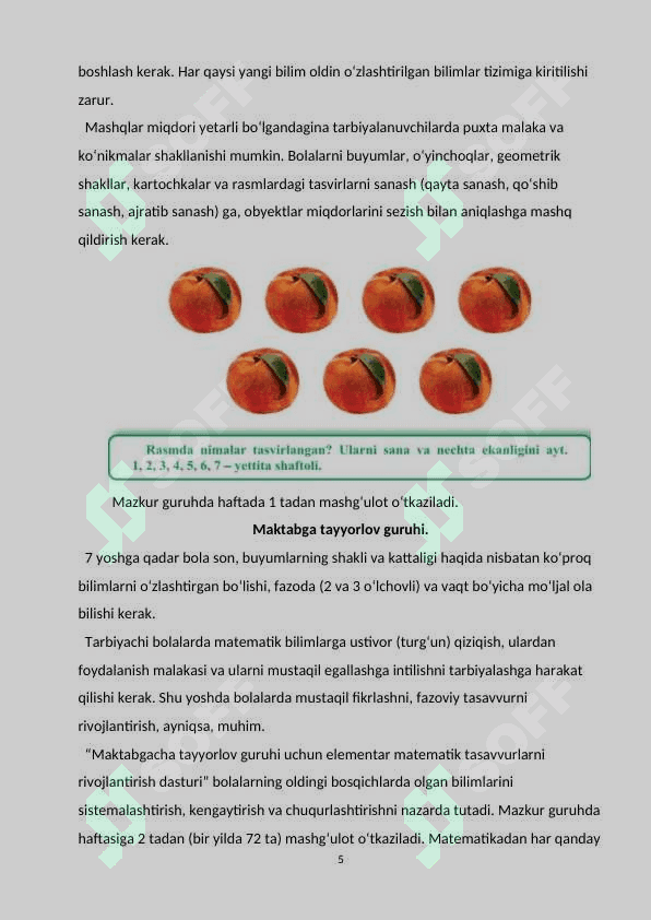 MAKTABGACHA YOSHDAGI BOLALARDA SON VA SANOQ HAQIDAGI TUSHUNCHA HOSIL QILISH VA O`RGATISH 5