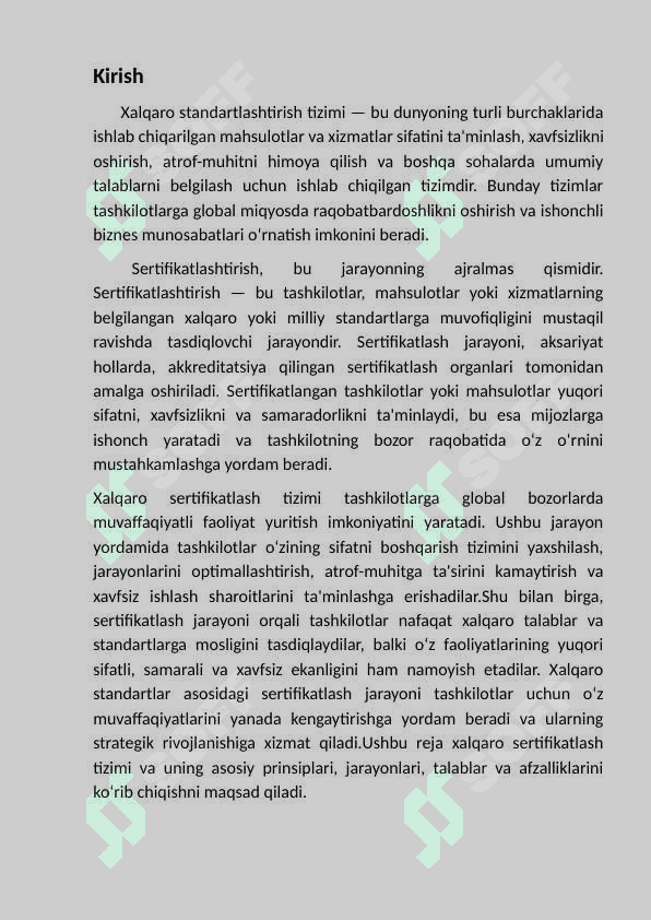 Xalqaro  standartlashtirish  tizimi bo’yicha                    sertifikatlashtirish. 2