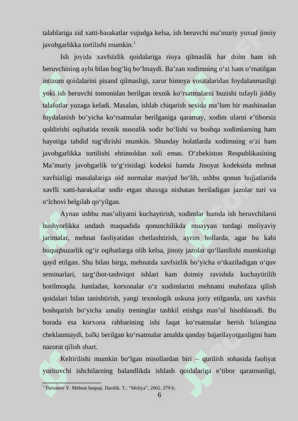 MEHNATDA XAVFSIZLIK QOIDALARINI BUZGANLIK UCHUN JAVOBGARLIK 6