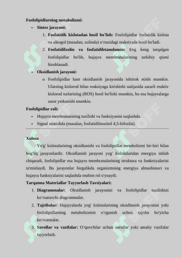 Yo’g kislotalarining oksidlanishi. Fosfolipidlar metabolizimi 2