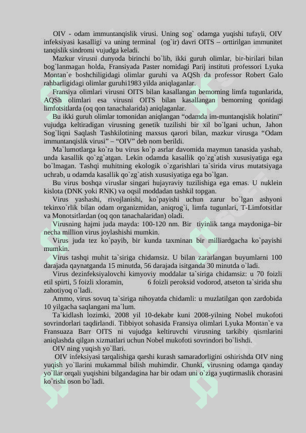 OIV INFEKSIYASI TO’G’RISIDA TUSHUNCHA. QOO’ZG’ATUVCHILARNING TURLI TASHQI MUHIT OB’EKTLARI HARORAT VA DIZINFEKSIYALOVCHI MODDALAR TA’SIRIGA CHIDAMLILIGI XUSUSIYATLARI 2