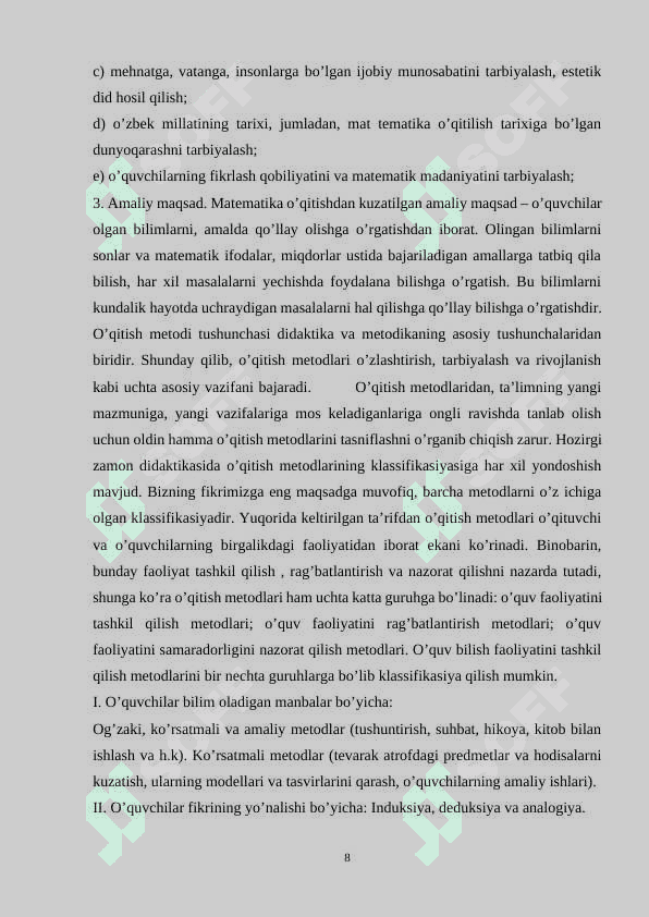 MATEMATIKA DARSINI TASHKIL QILISH, KO‘RGAZMALILIK HAMDA DIDAKTIK MATERIALLARDAN FOYDALANISH 8