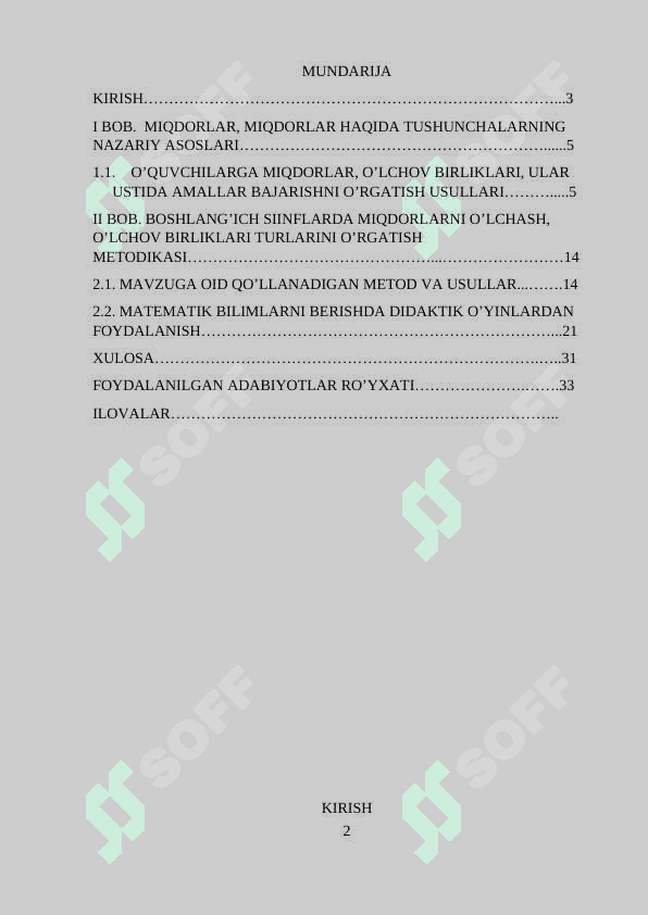 MIQDORLARNI O‘LCHASH, O‘LCHOV BIRLIKLARINING TURLARI ORASIDAGI BOG‘LIQLIKLAR VA ULAR USTIDA (ISMLI SONLAR USTIDA) AMALLAR BAJARISHGA O‘RGATISH METODIKASI 2