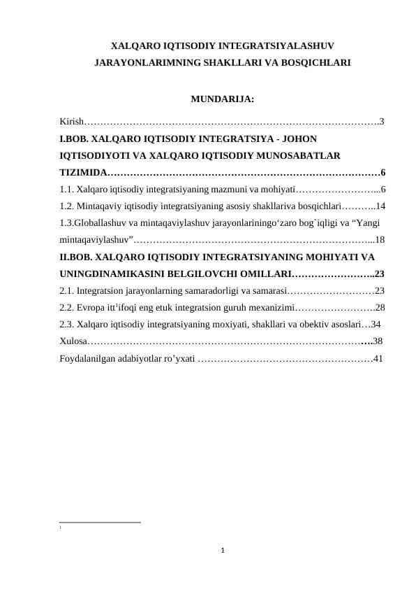 XALQARO IQTISODIY INTEGRATSIYALASHUV JARAYONLARIMNING SHAKLLARI VA BOSQICHLARI
