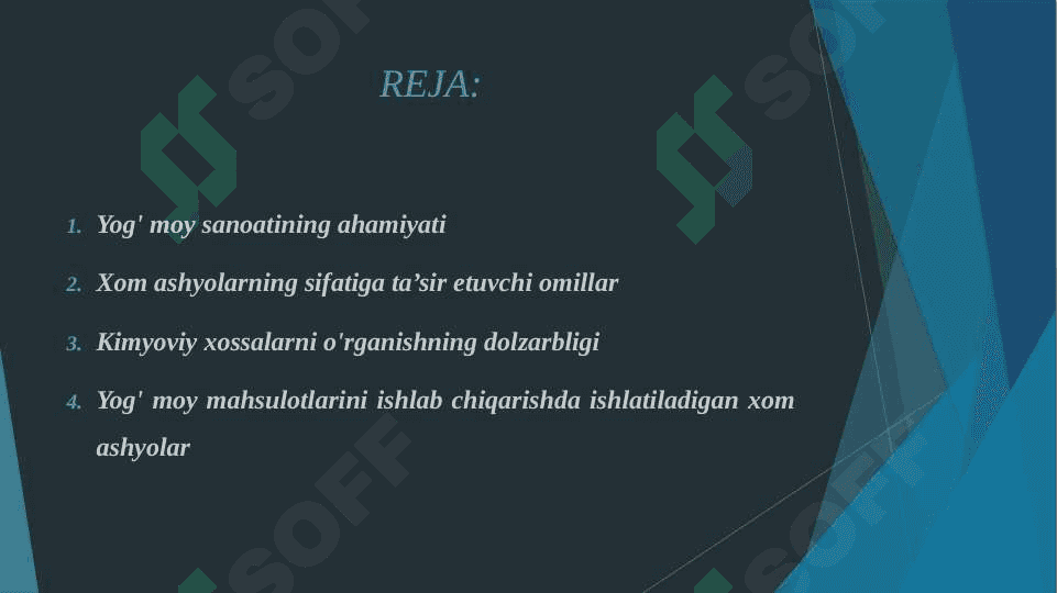 YOG' MOY MAHSULOTLARI ISHLAB CHIQARISH XOM ASHYOLARINING KIMYOVIY XOSSALARINI O'ZLASHTIRISH. 2