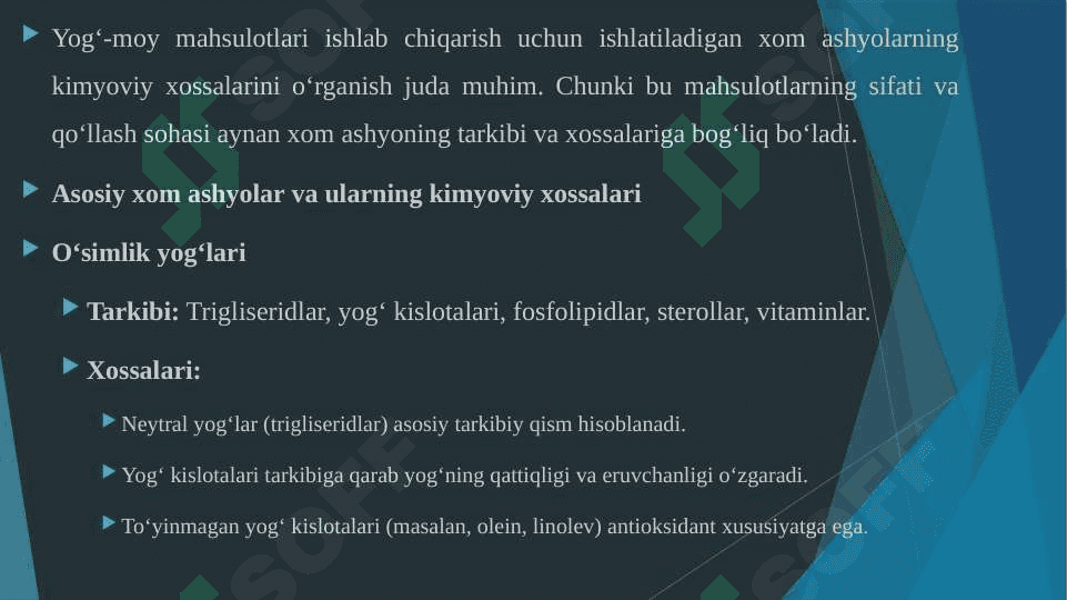 YOG' MOY MAHSULOTLARI ISHLAB CHIQARISH XOM ASHYOLARINING KIMYOVIY XOSSALARINI O'ZLASHTIRISH. 3