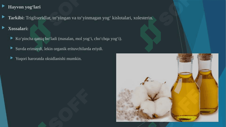YOG' MOY MAHSULOTLARI ISHLAB CHIQARISH XOM ASHYOLARINING KIMYOVIY XOSSALARINI O'ZLASHTIRISH. 4