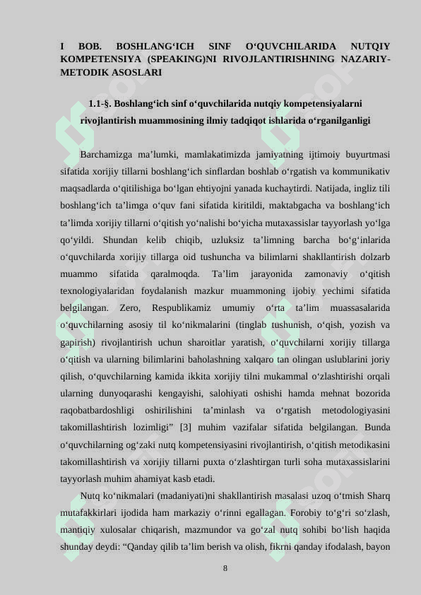 BOSHLANGʻICH SINF OʻQUVCHILARIDA NUTQIY KOMPETENSIYA (SPEAKING)NI RIVOJLANTIRISHNING NAZARIY-METODIK ASOSLARI 8