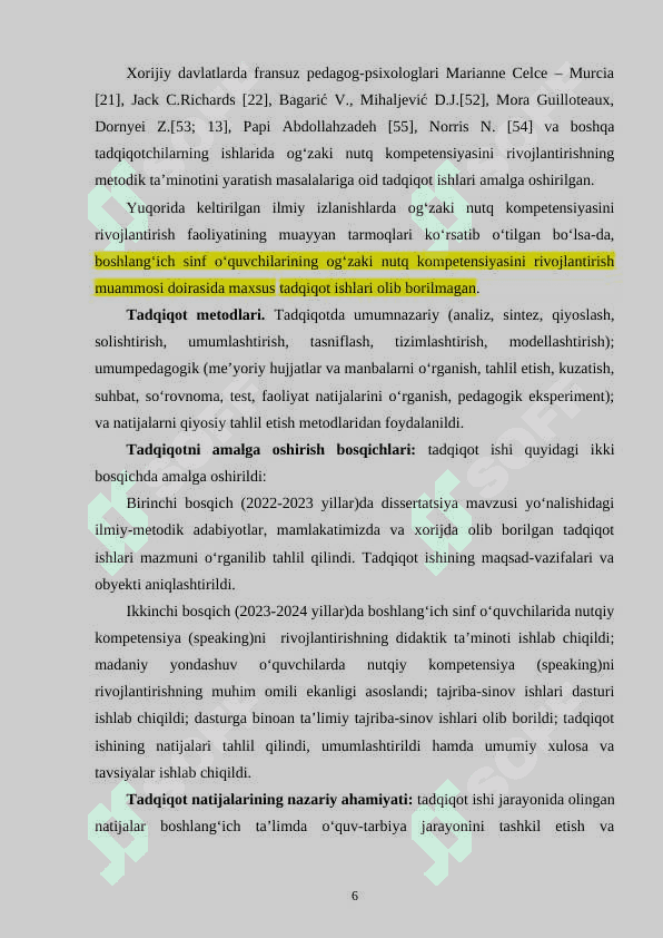 Boshlang‘ich sinf o‘quvchilarida nutqiy kompetensiyalarni rivojlantirish muammosining ilmiy tadqiqot ishlarida o‘rganilganligi 6