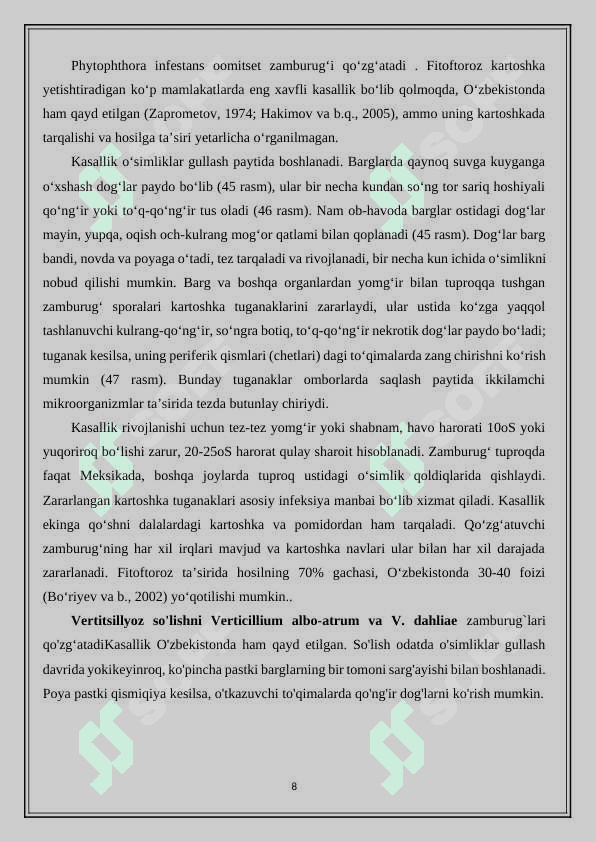 Kartoshkaning xo`l va xalqali cherish kasalliklari va ularga qarshi kurash choralari 8