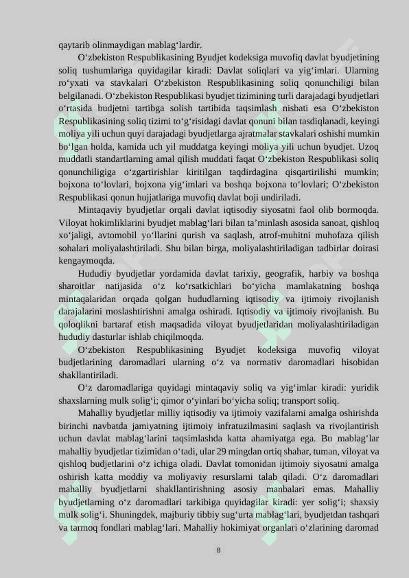 DAVLAT BYUDJETI DAROMADLAR QISMINI SHAKLLANTIRISHDA SOLIQ TO‘LOVLARINING AHAMIYATI 8