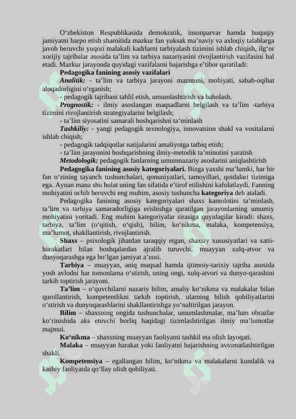 PEDAGOGIKA NAZARIYASI FANINING MAZMUNI  VA MOHIYATI, PREDMETI 2