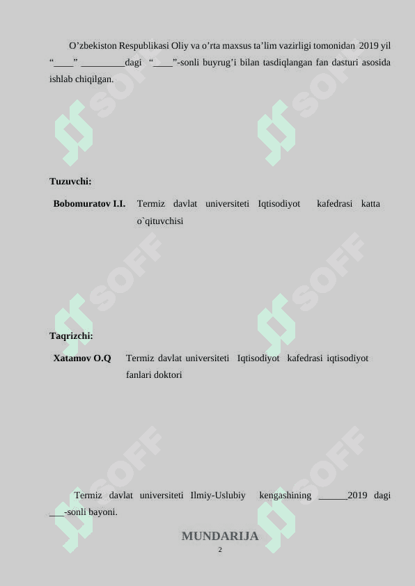 STATISTIKA (Statistikaning nazariy masalalari) fanidan   O’QUV – USLUBIY  MAJMUA 2