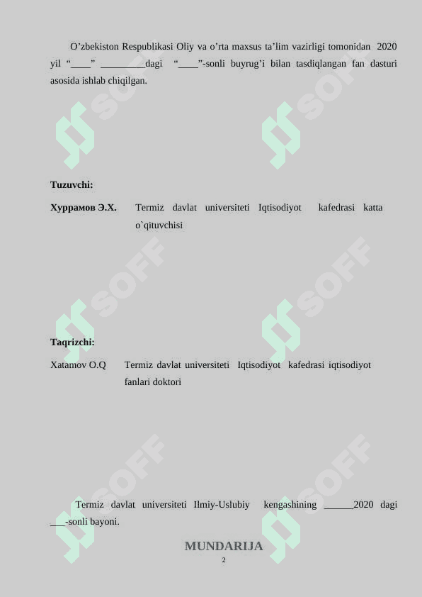 STATISTIKA (Iqtisodiy statistika) fanidan   O’QUV – USLUBIY  MAJMUA 2