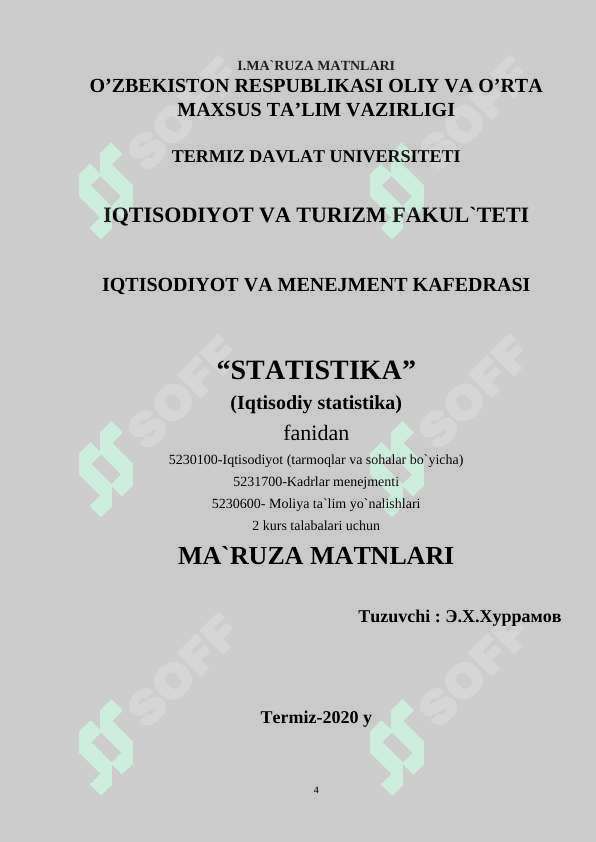STATISTIKA (Iqtisodiy statistika) fanidan   O’QUV – USLUBIY  MAJMUA 4