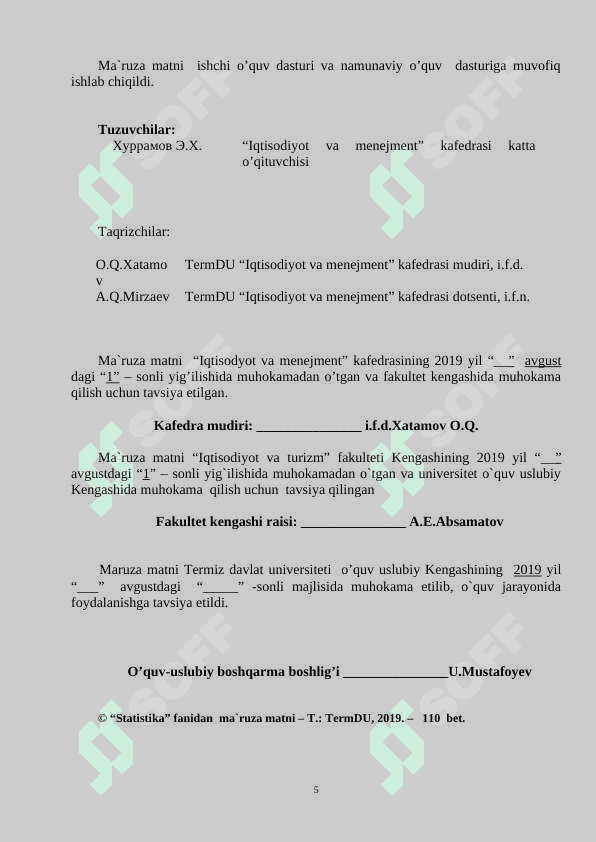STATISTIKA (Iqtisodiy statistika) fanidan   O’QUV – USLUBIY  MAJMUA 5