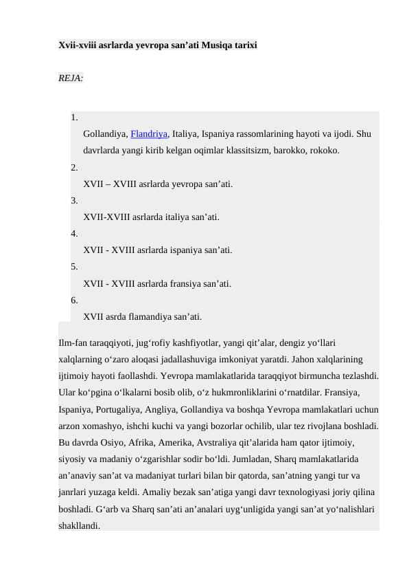 Xvii-xviii asrlarda yevropa san’ati Musiqa tarixi