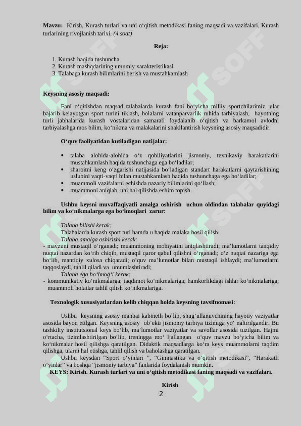 “Kurash turlari va uni o‘qitish metodikasi”  fanidan bakalavriyatning 61010300 jismoniy madaniyat (sirtqi) yo‘nalishi mutaxassisliklar uchun O‘QUV-USLUBIY MAJMUA 2